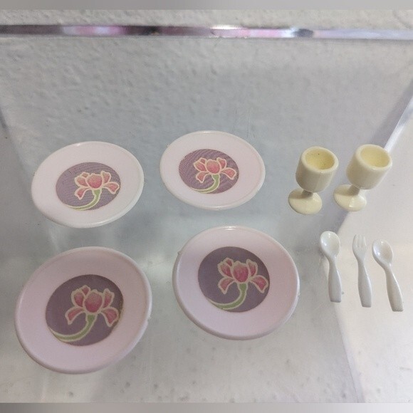 Barbie Doll Light Pink Plates, White Cups, Spoon, Fork - Picture 1 of 12